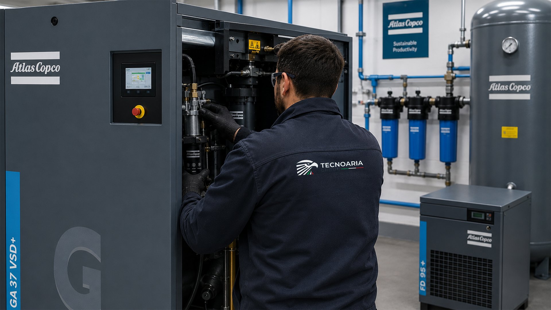 Compressore industriale Atlas Copco ad alta efficienza energetica installato in azienda manifatturiera
