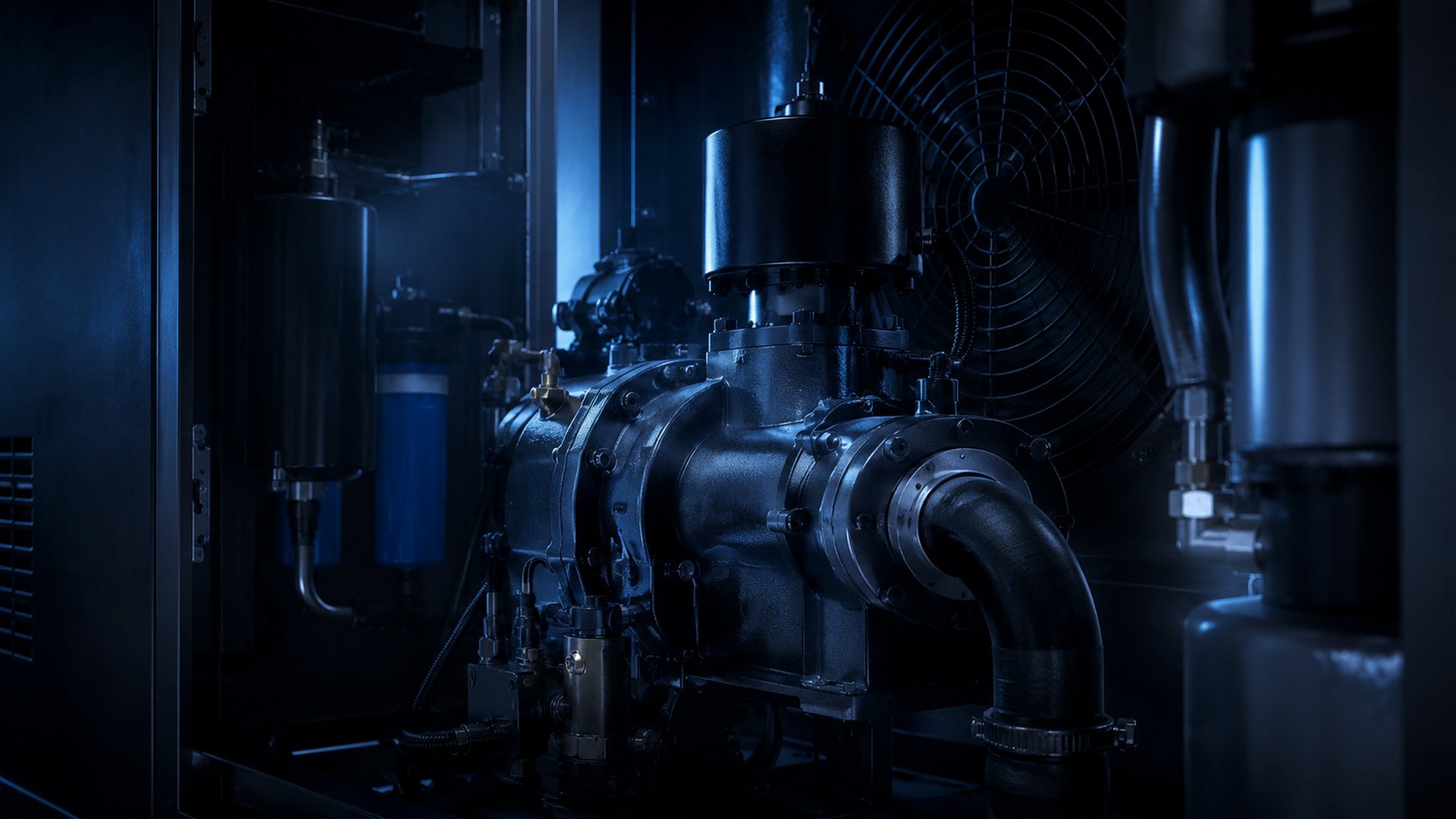 Tecnico Tecnoaria durante intervento di manutenzione su un compressore Atlas Copco in uno stabilimento industriale italiano